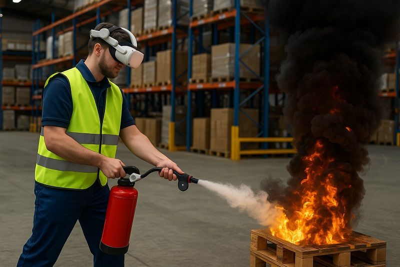 Teilnehmer einer AR-Löschübung beim Feuer löschen in einem Lager