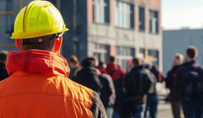 Evakuierungsbeauftragter mit Gruppe bei der Sammelstelle