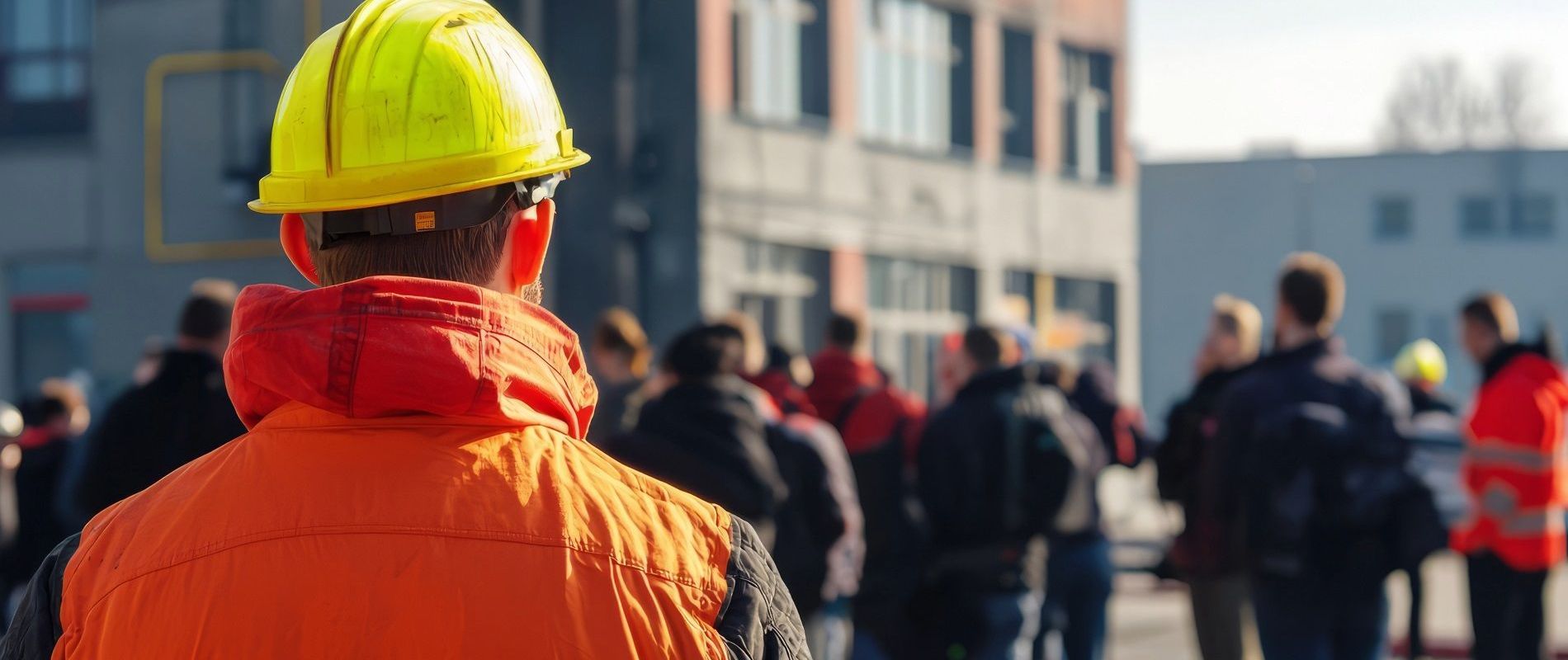 Evakuierungsbeauftragter mit Gruppe bei der Sammelstelle