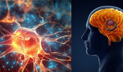 Menschliches Gehirn und eine feuernde Gehirnzelle